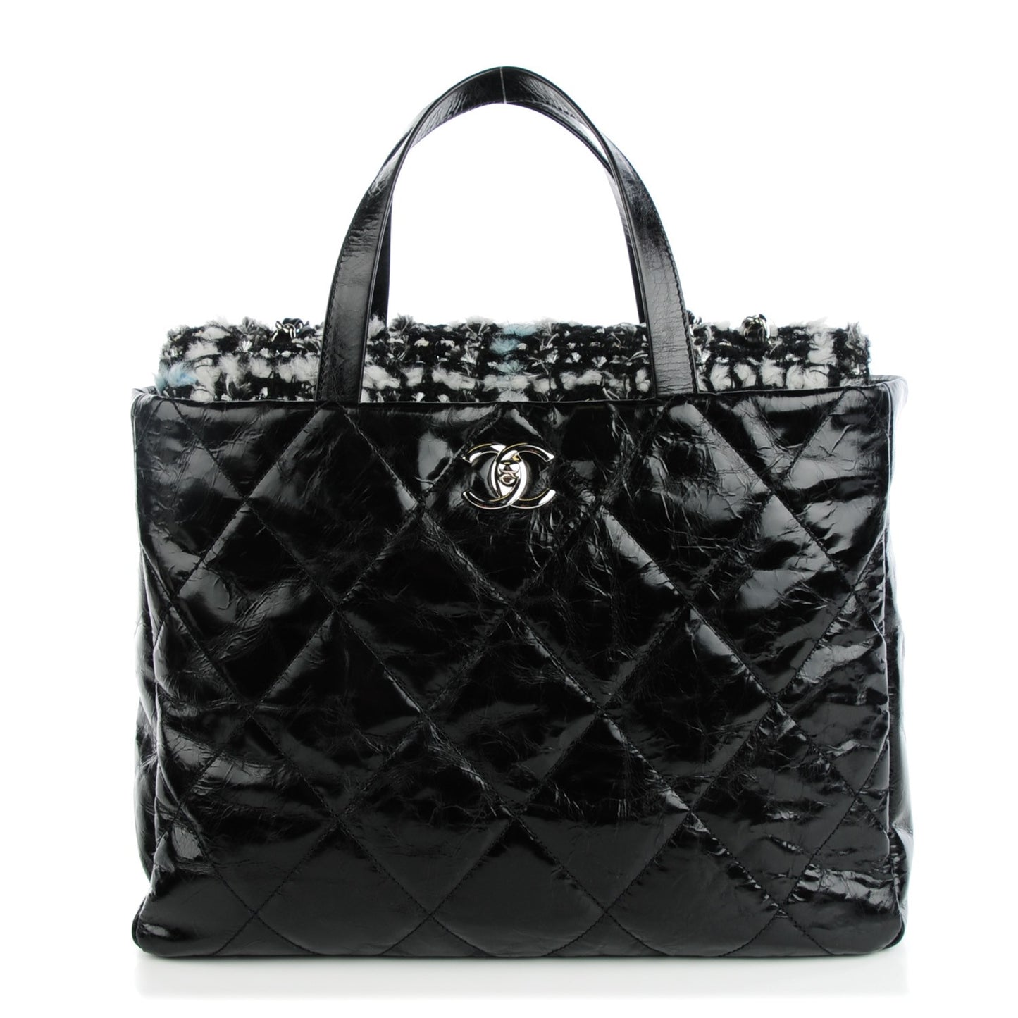 Glazed Calfskin Quilted Tweed Portobello Tote Black Blue