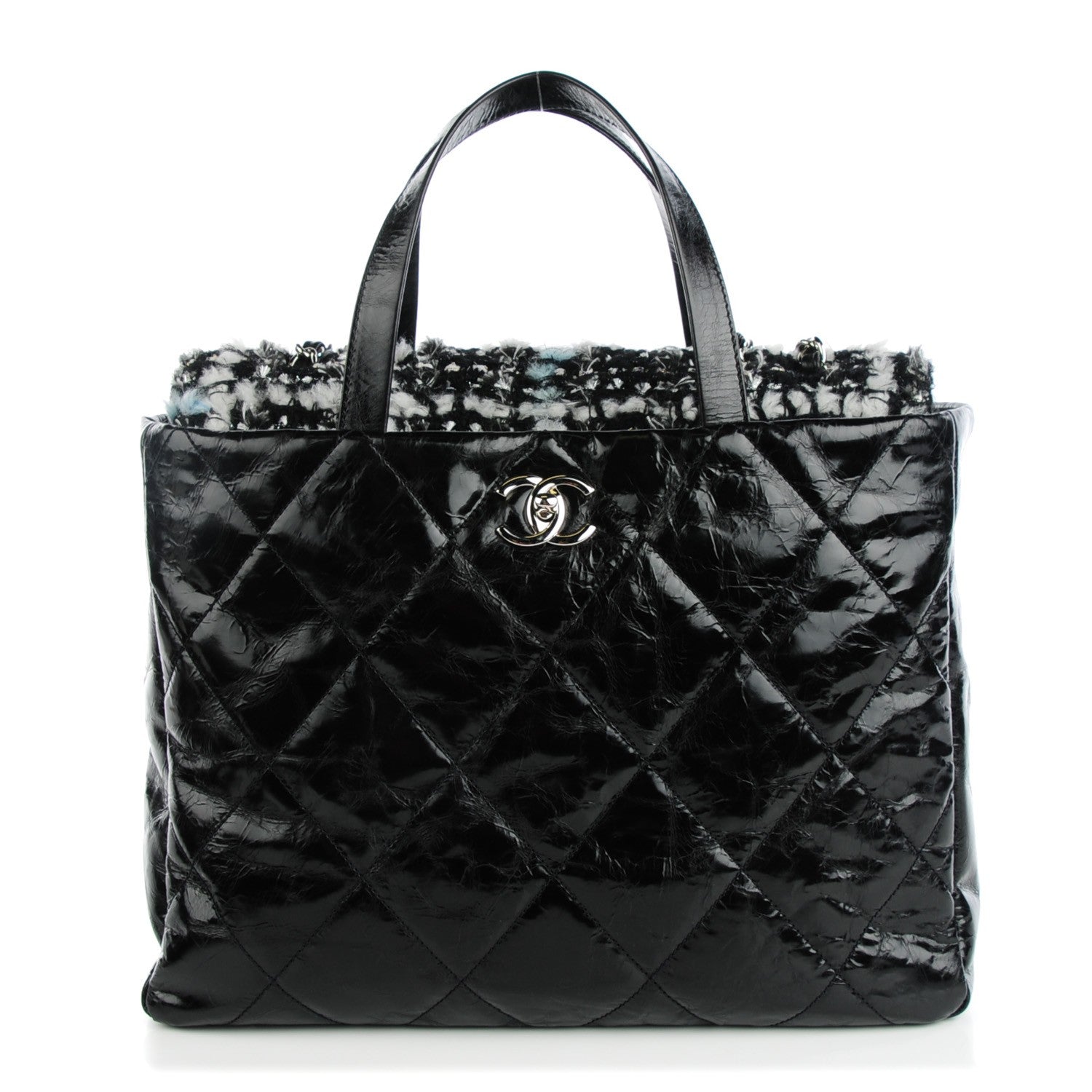Chanel Glazed Calfskin Quilted Tweed Portobello Tote Black Blue 1 of 7