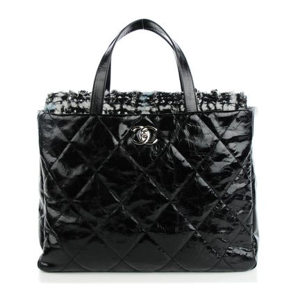 Chanel Glazed Calfskin Quilted Tweed Portobello Tote Black Blue 1 of 7