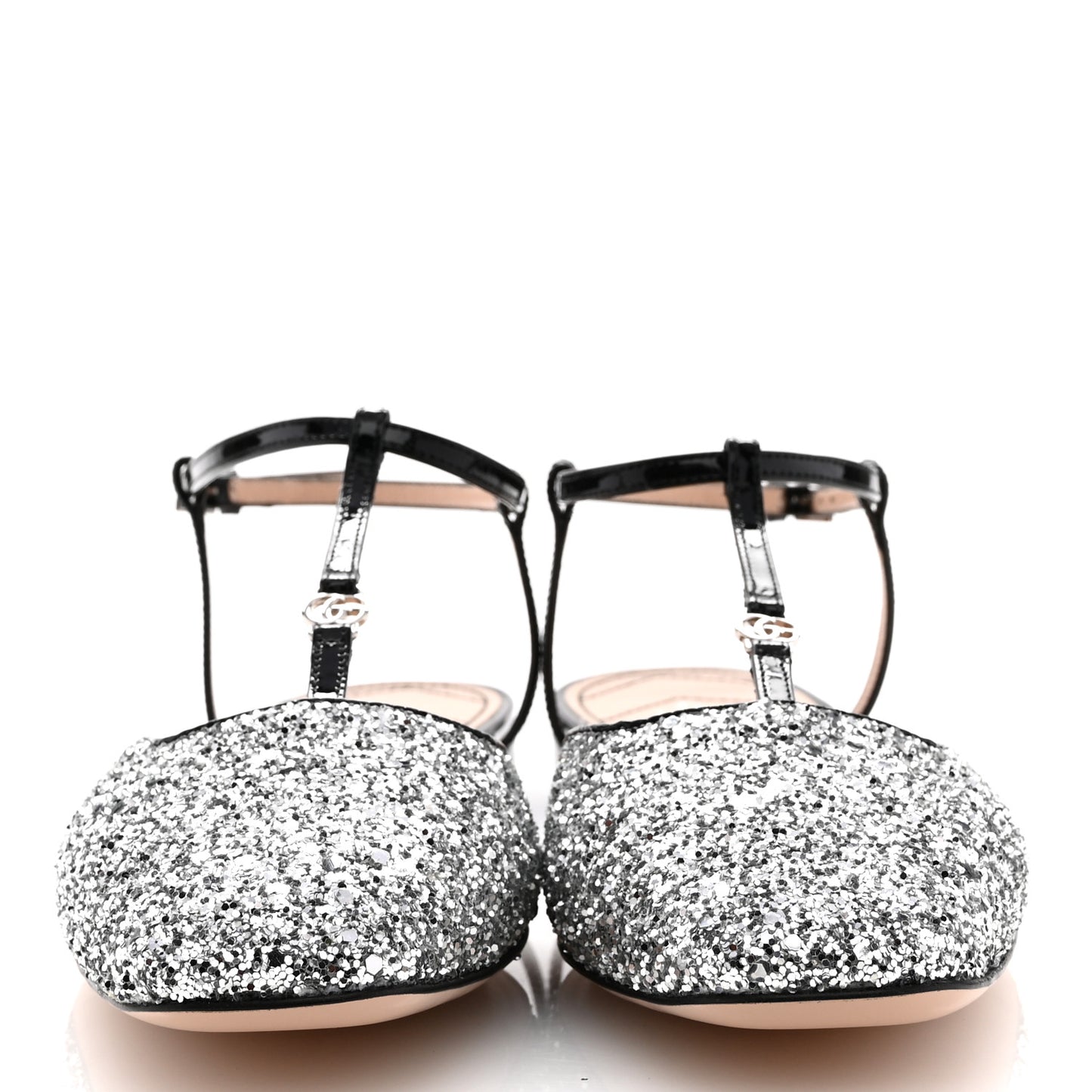 Calfskin Glitter Double G Slingback Flats 37.5 Silver Black