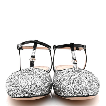 Gucci Calfskin Glitter Double G Slingback Flats 37.5 Silver Black 3 of 9