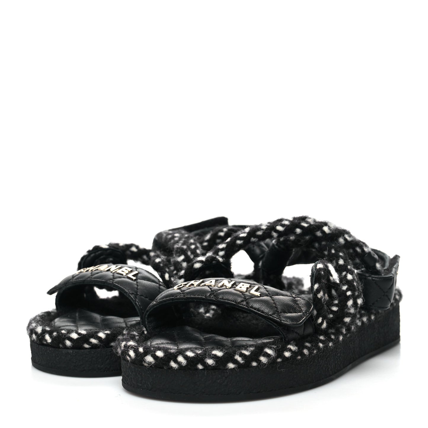 Cord Lambskin Quilted Logo Sandals 37 Black White
