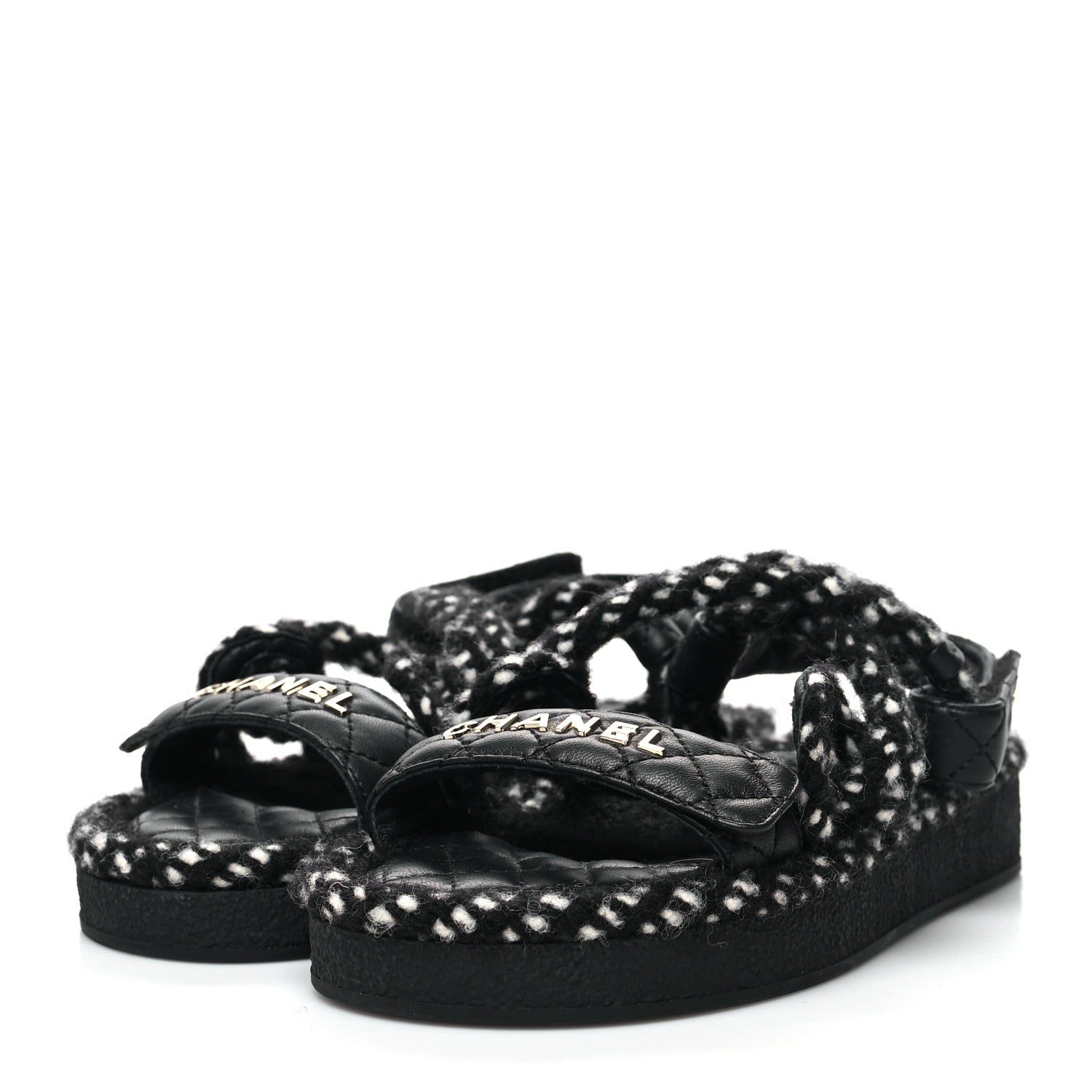 Chanel Cord Lambskin Quilted Logo Sandals 37 Black White 3 of 8