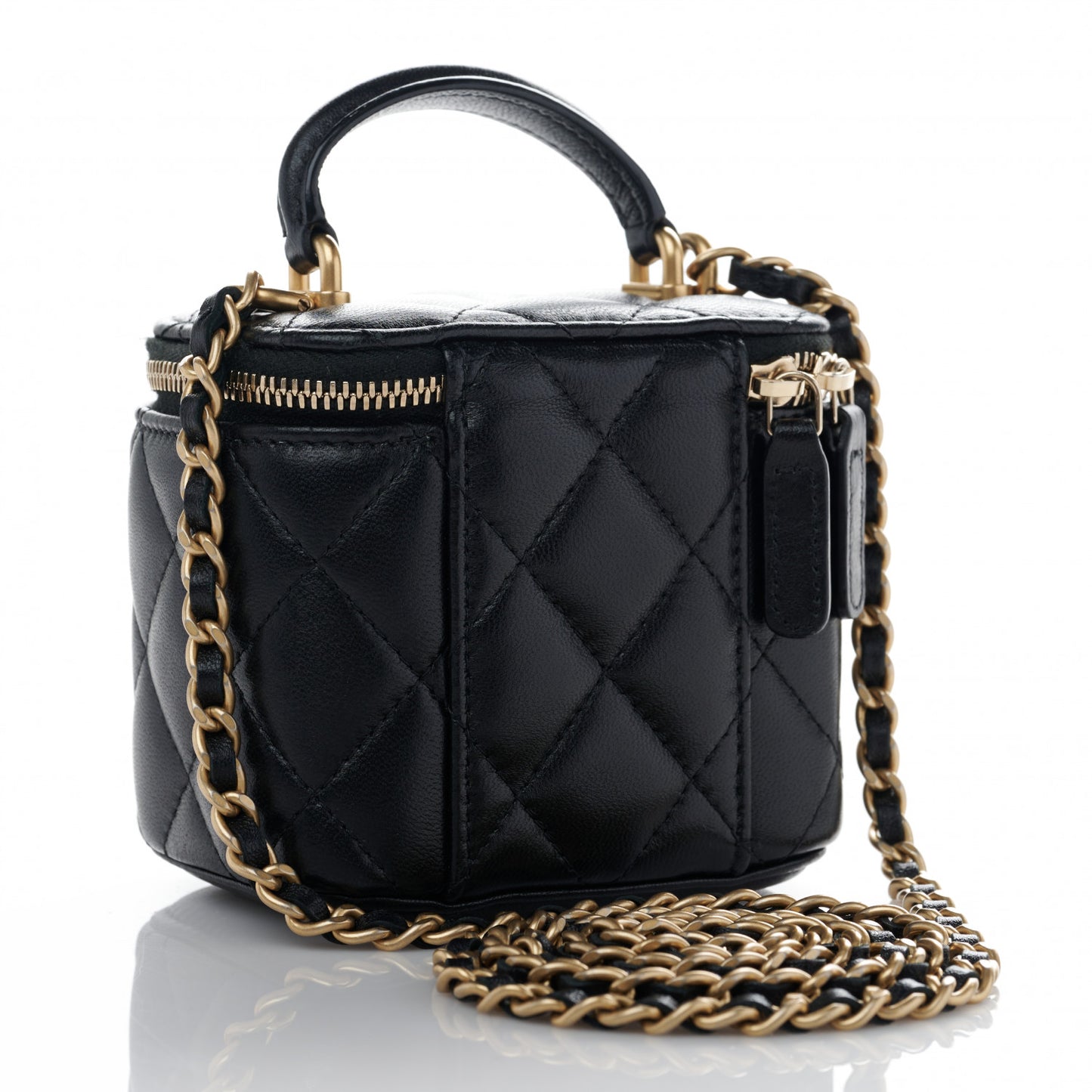 Lambskin Quilted Top Handle Mini Vanity Case With Chain Black