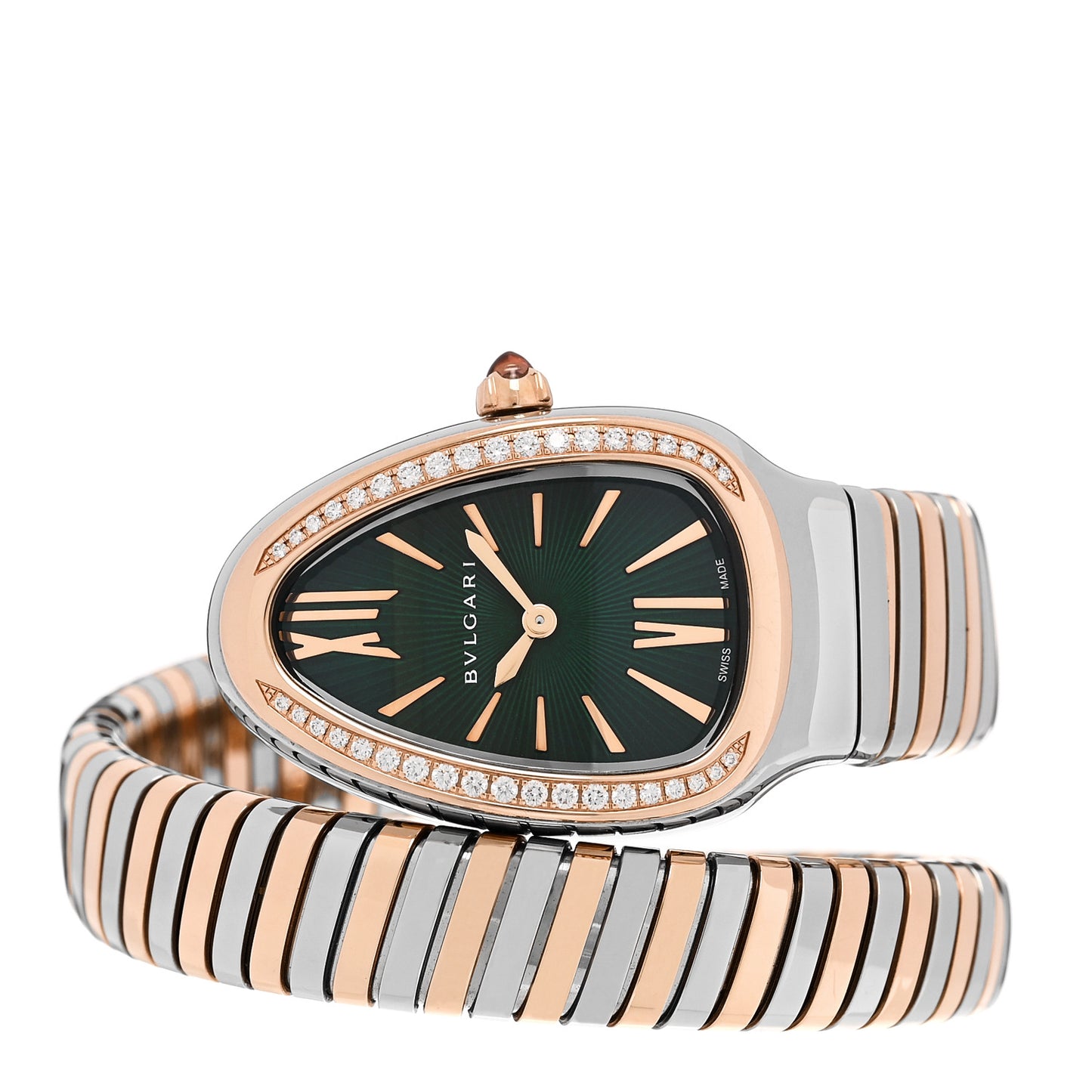 Stainless Steel 18K Rose Gold Diamond Bezel 35mm Serpenti Tubogas Quartz Watch Green