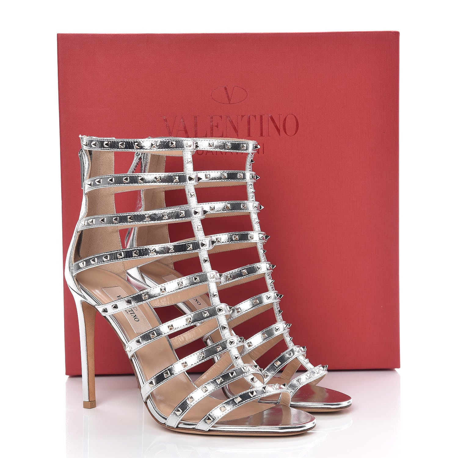 Valentino Garavani Metallic Nappa Lovestud Caged 105mm Sandals 38 Silver 8 of 8
