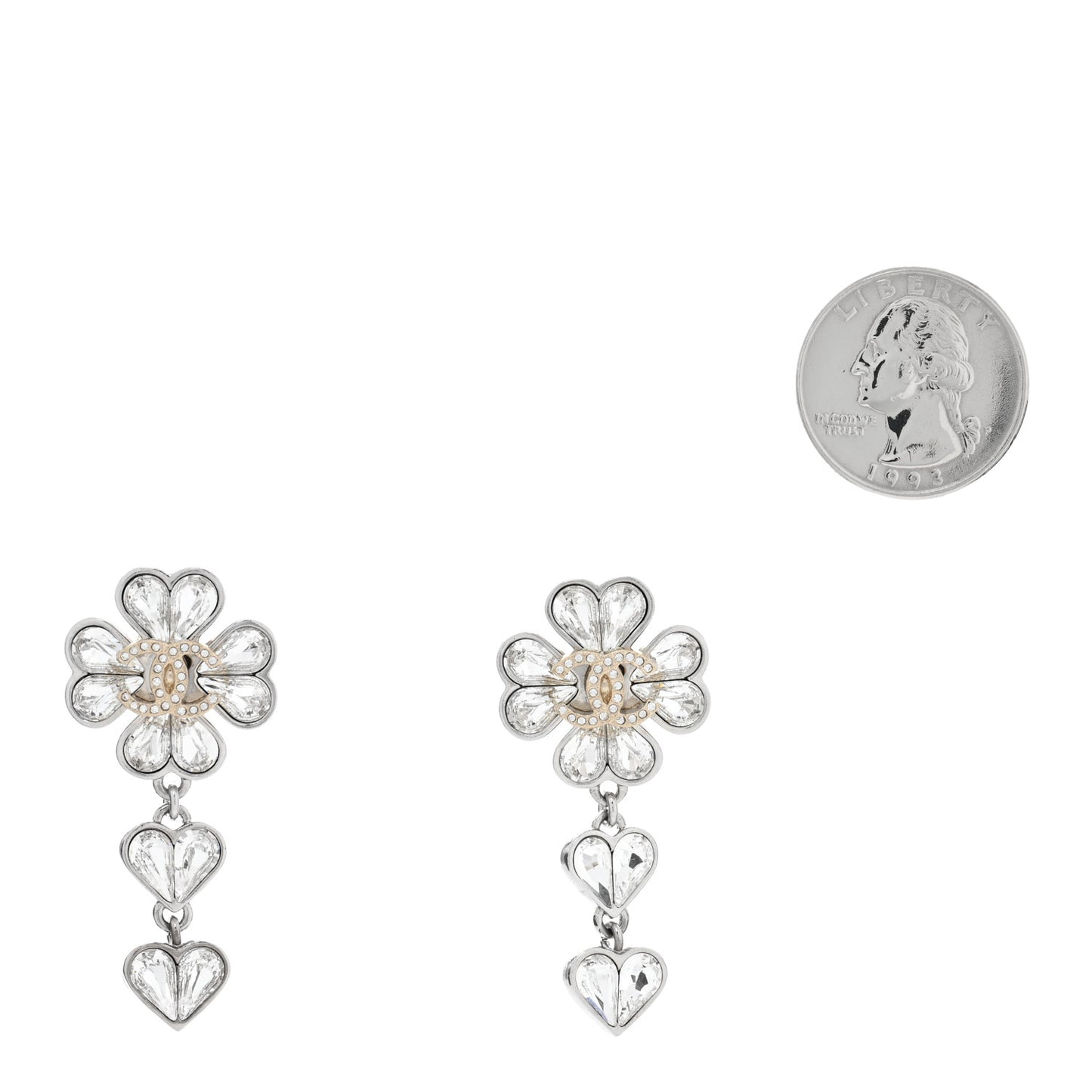 Crystal CC Clover Heart Drop Earrings Silver Gold