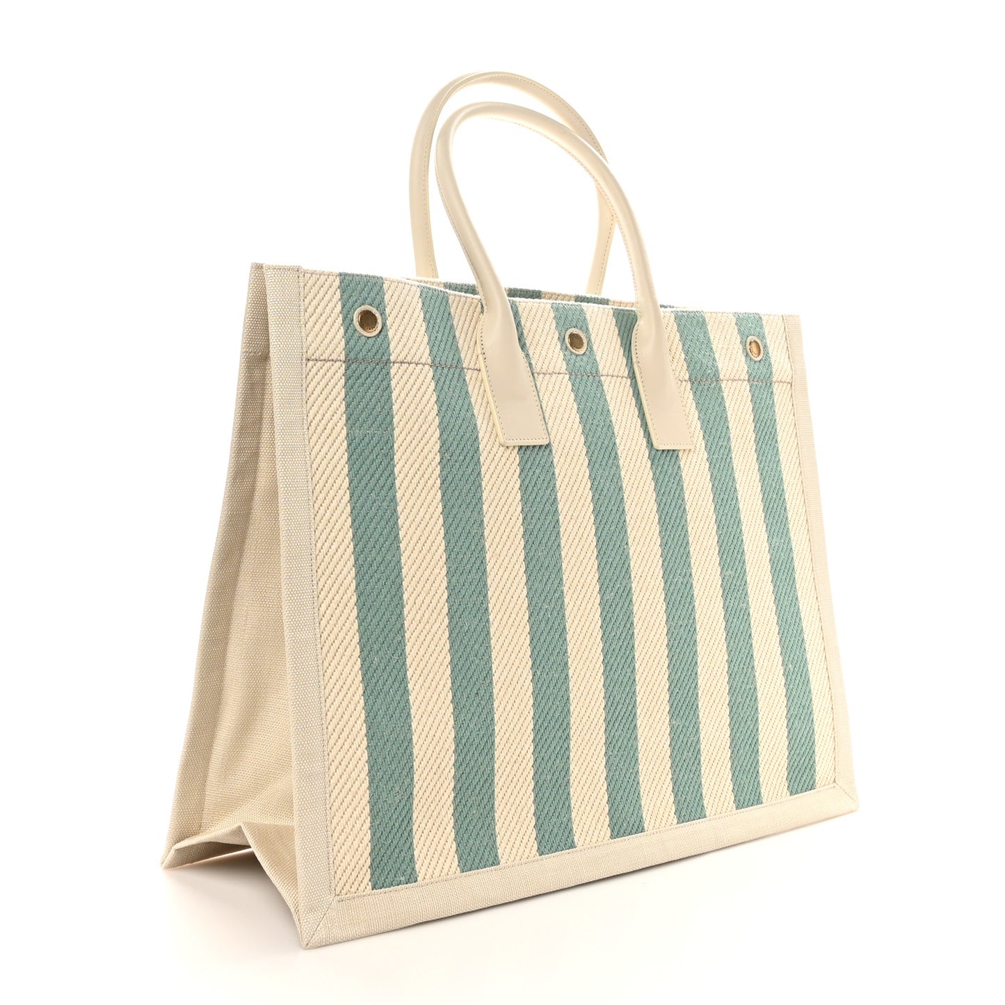 Cotton Linen Calfskin Striped Rive Gauche Tote Water Green