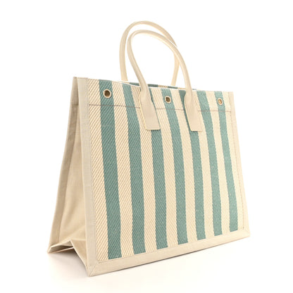 Saint Laurent Cotton Linen Calfskin Striped Rive Gauche Tote Water Green 3 of 10