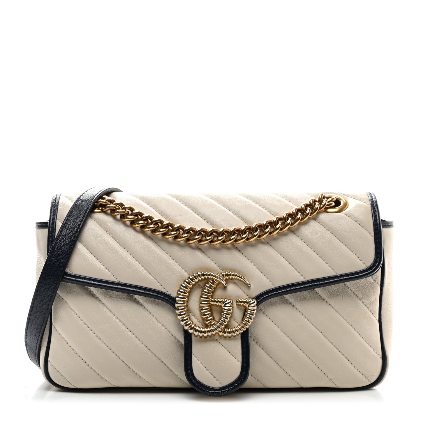 Vintage Effect Calfskin Matelasse Diagonal Small Torchon GG Marmont Shoulder Bag Mystic White Blue Agata