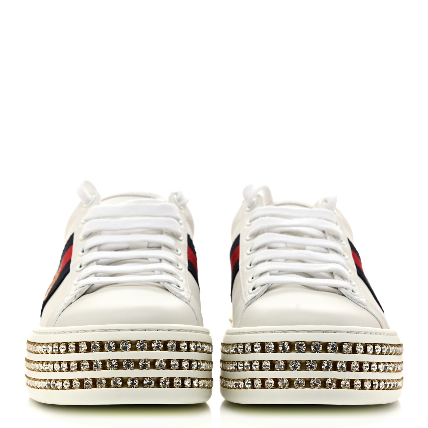 Calfskin Crystal Web Bee Embroidered Womens Ace Platform Sneakers 35.5 White