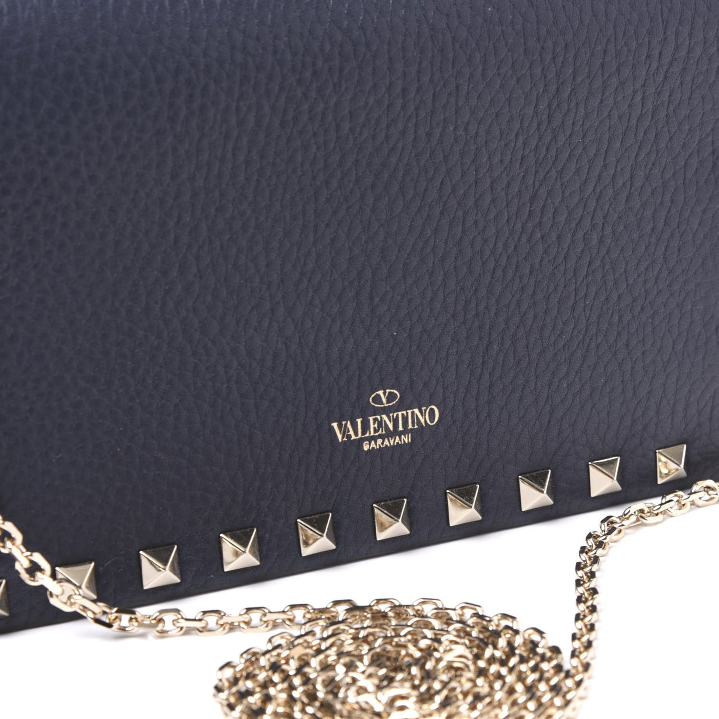 Pebbled Calfskin Rockstud Envelope Wallet on Chain Indigo