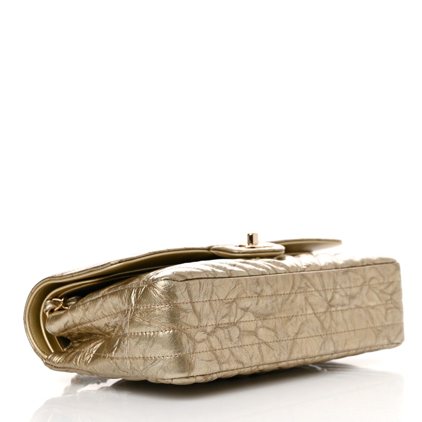 Metallic Patent Crumpled Calfskin Chevron Quilted Medium Double Flap Gold