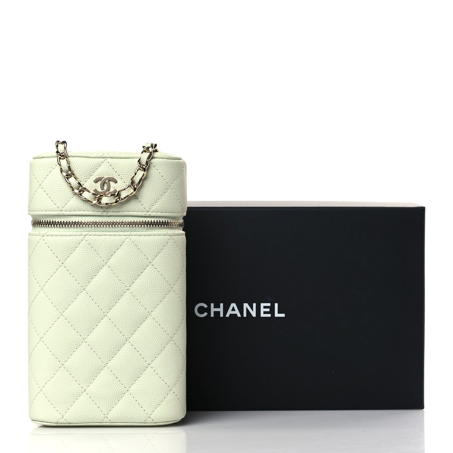 Caviar Quilted Phone Holder With Chain Light Green