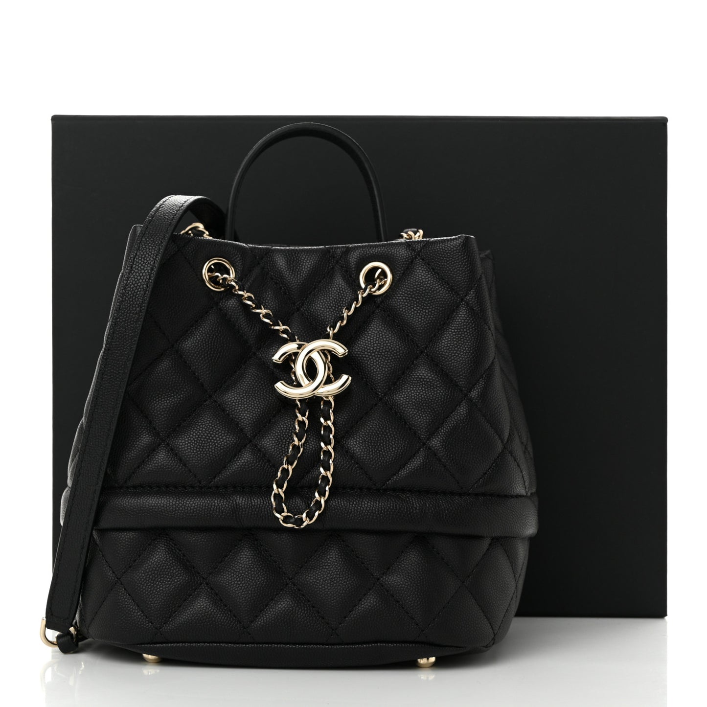 Caviar Quilted Rolled Up Bucket Drawstring Bag Black