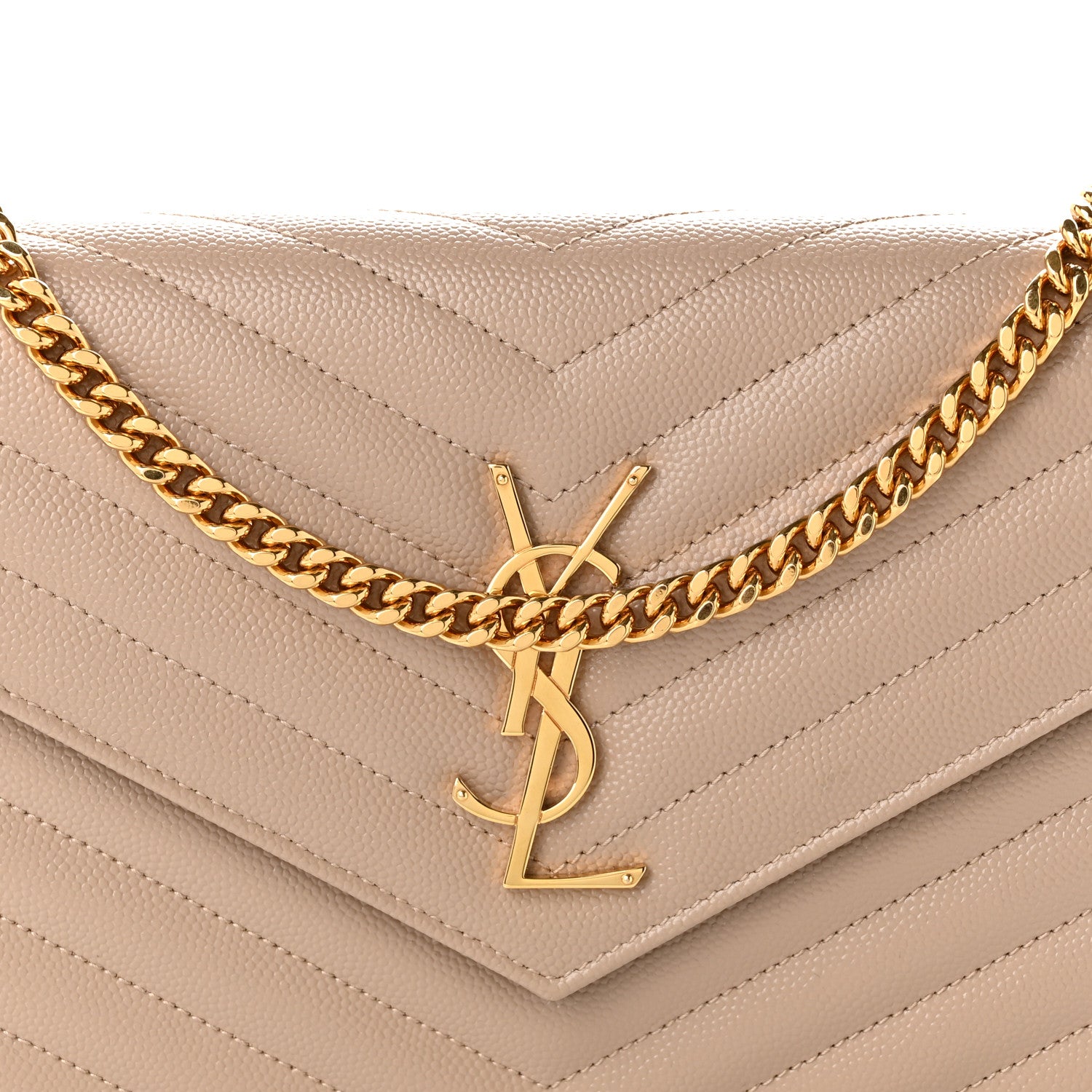 Saint Laurent Grain De Poudre Matelasse Chevron Monogram Chain Wallet Dark Beige 7 of 10