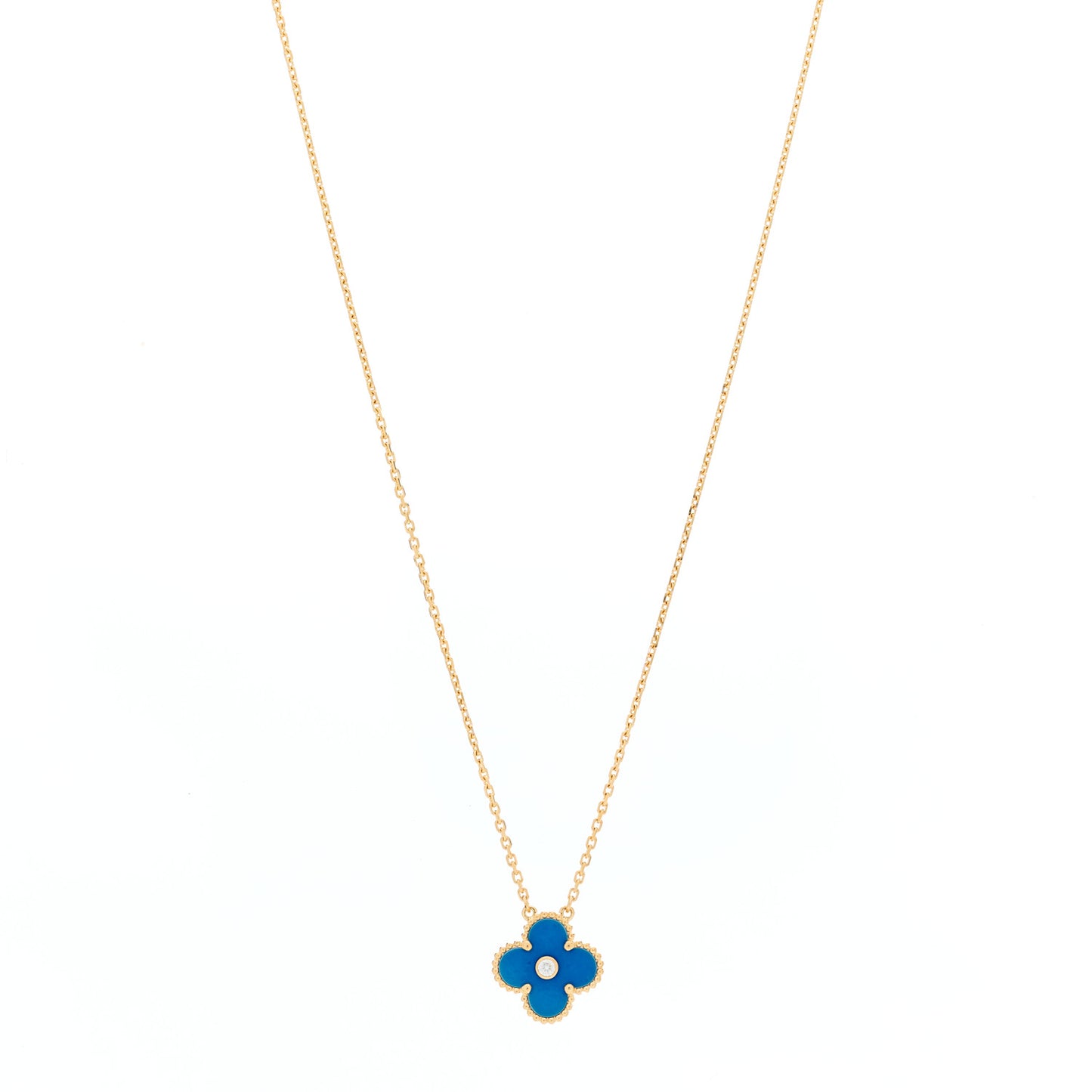 18K Yellow Gold Diamond Celestial Blue Sevres Porcelain Vintage Alhambra Pendant Necklace