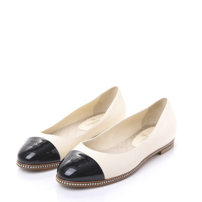Chanel Patent Lambskin Crystal CC Cap Toe Ballerina Flats 38.5 Beige Black 3 of 8
