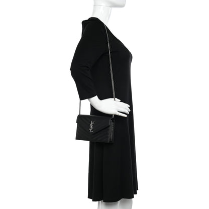 Saint Laurent Grain De Poudre Matelasse Chevron Monogram Envelope Chain Wallet Black 2 of 12
