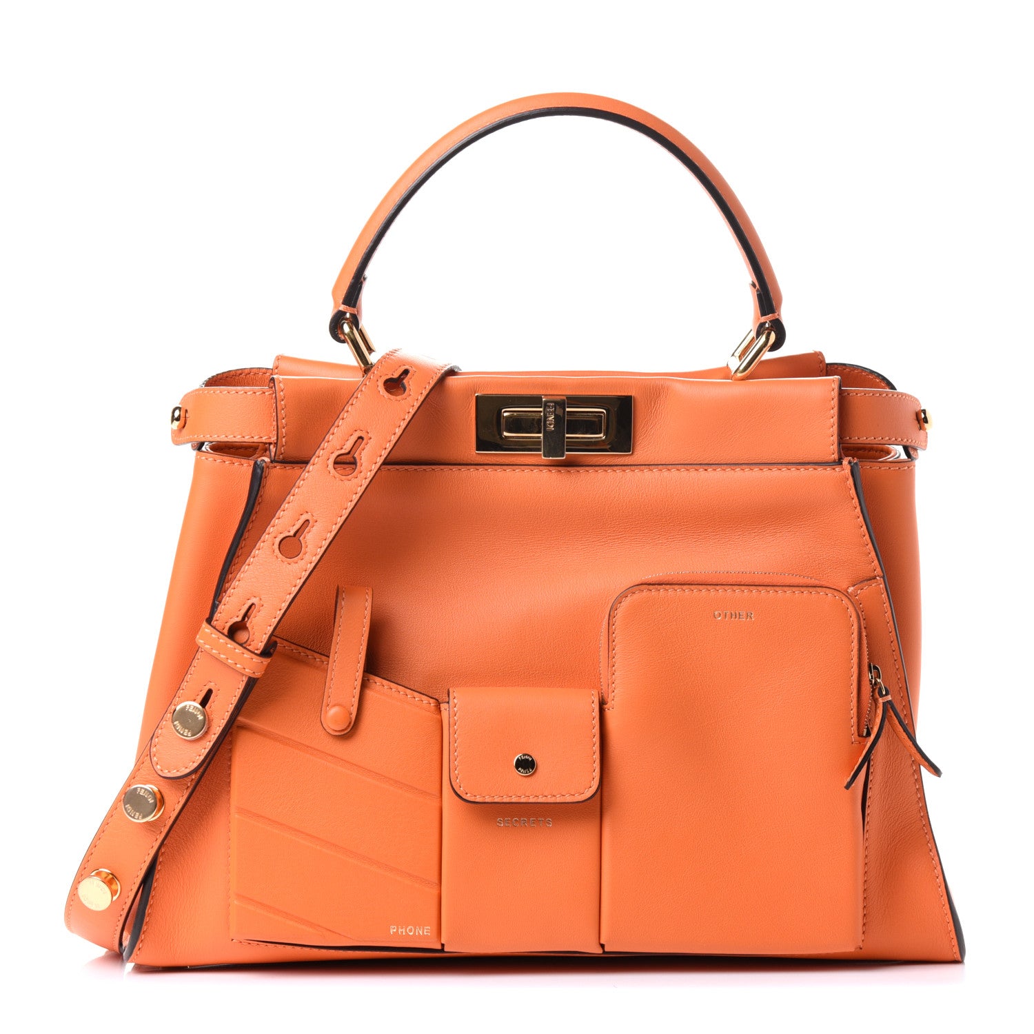 Fendi Vitello Seta Shiny Nappa Medium 3 Pocket Peekaboo Iconic Satchel Papaya 1 of 4