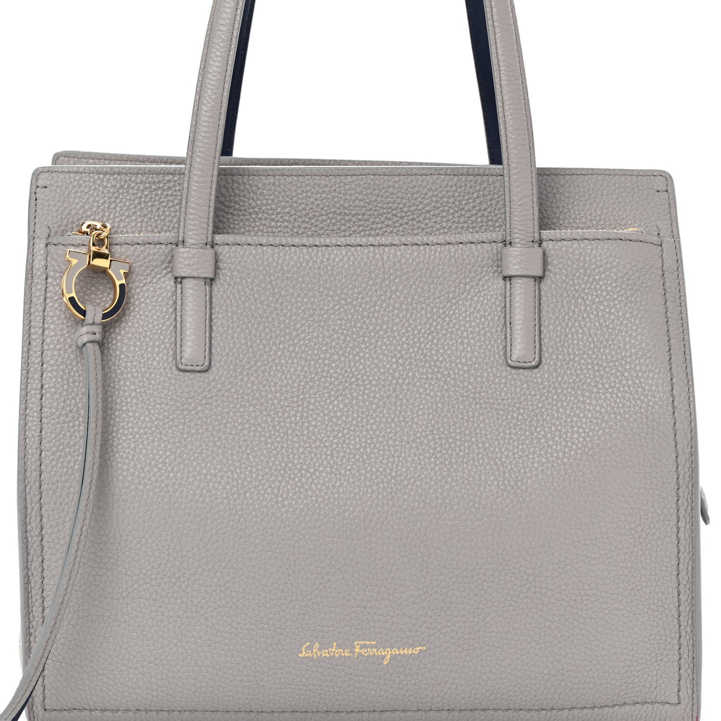 Hammered Calfskin Double Handle Medium Amy Tote Grey Navy