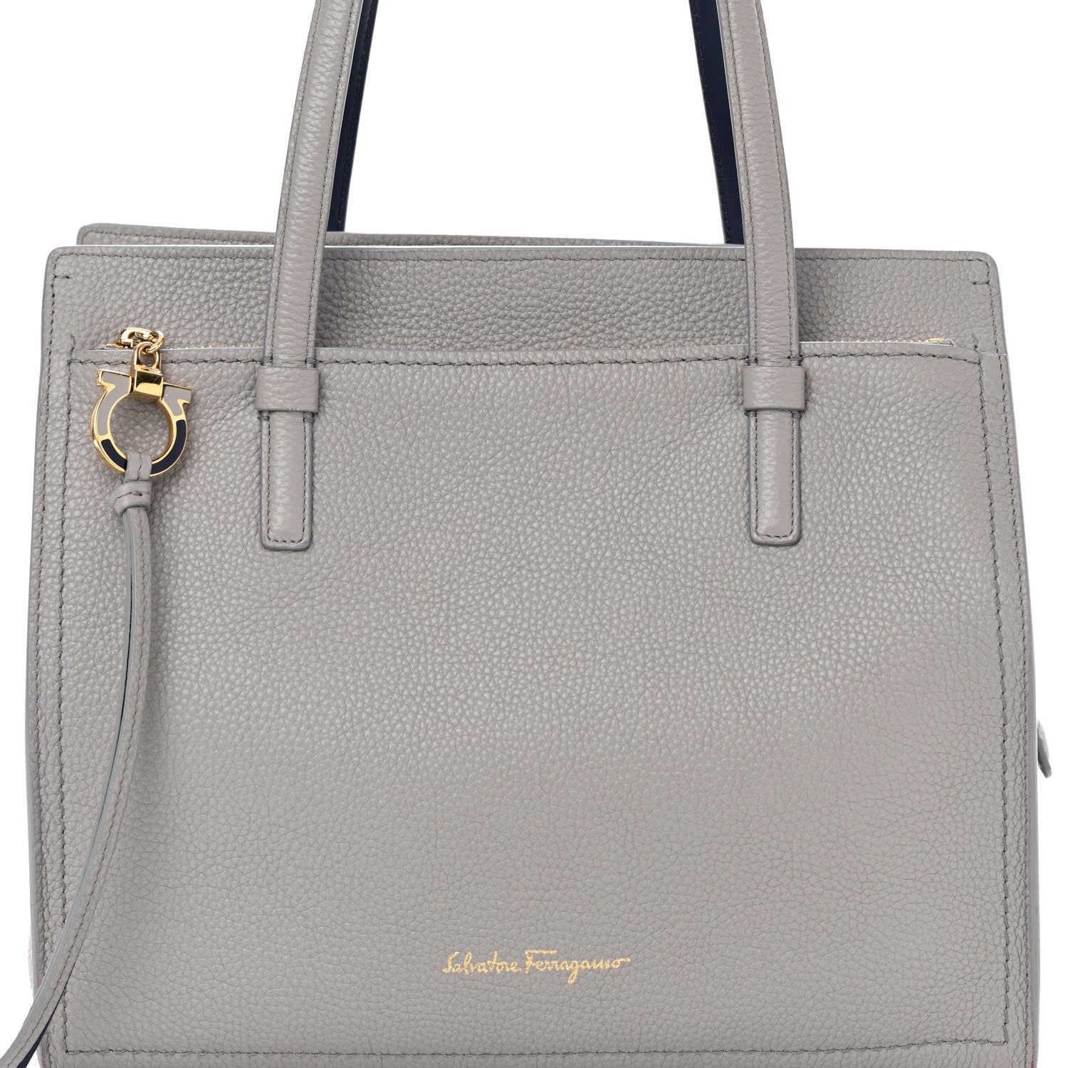 Salvatore Ferragamo Hammered Calfskin Double Handle Medium Amy Tote Grey Navy 8 of 14