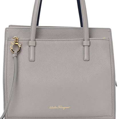 Salvatore Ferragamo Hammered Calfskin Double Handle Medium Amy Tote Grey Navy 8 of 14