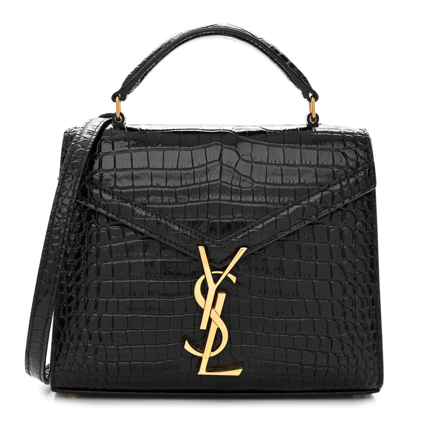 Calfskin Crocodile Embossed Mini Classic Monogram Cassandra Top Handle Black