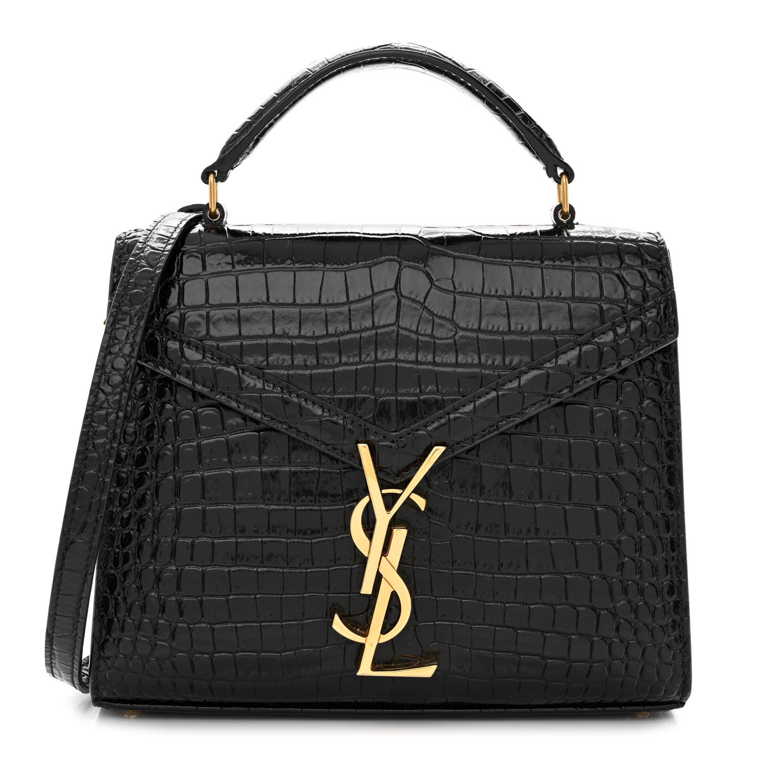 Saint Laurent Calfskin Crocodile Embossed Mini Classic Monogram Cassandra Top Handle Black 1 of 10