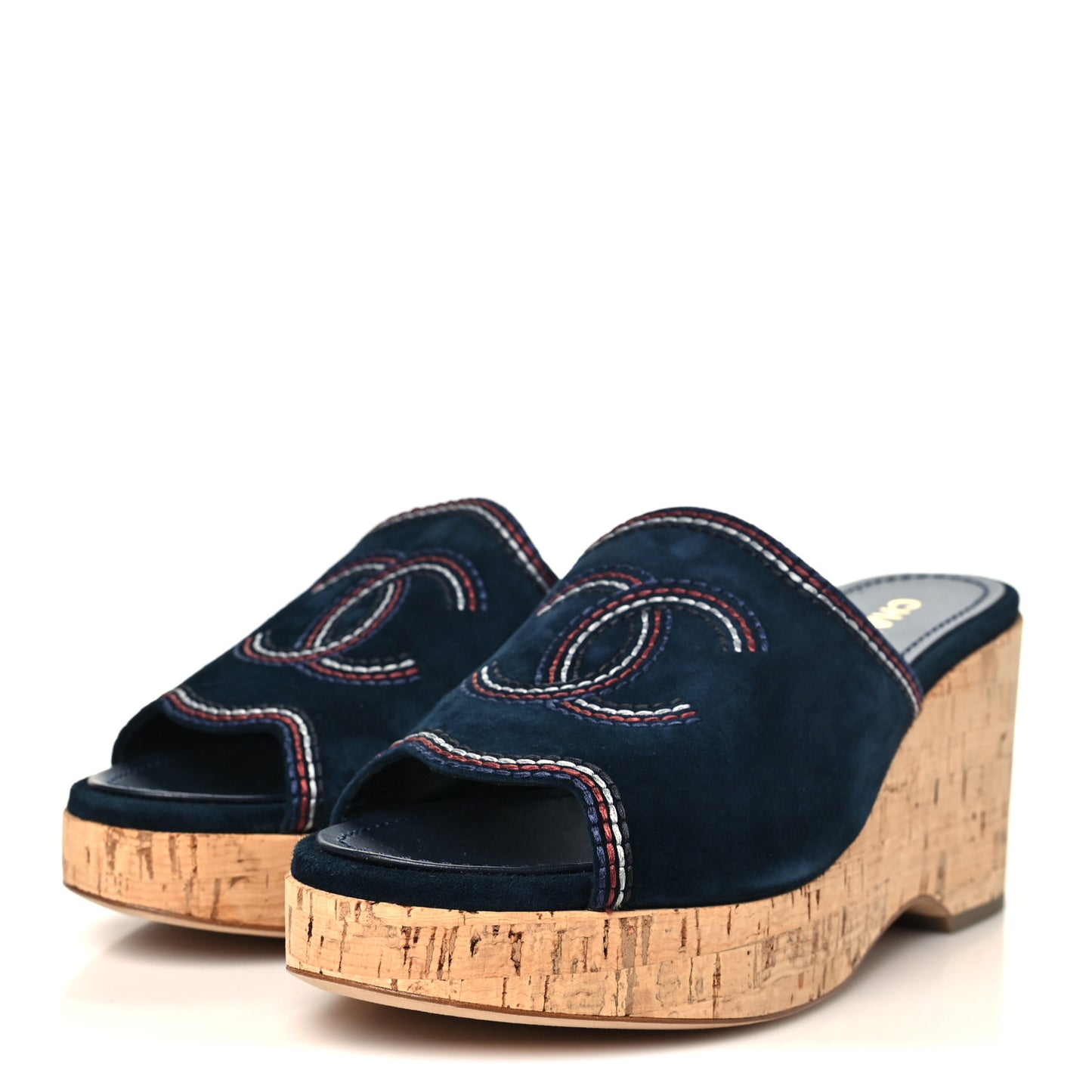 Suede Calfskin Cork CC Wedge Sandal 39.5 Navy Blue
