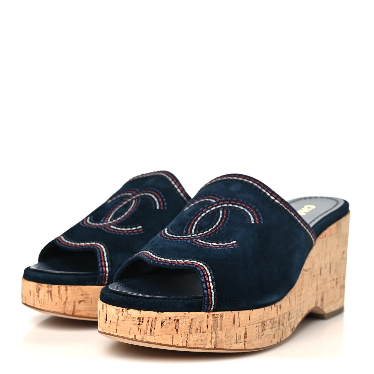 Chanel Suede Calfskin Cork CC Wedge Sandal 39.5 Navy Blue 4 of 10