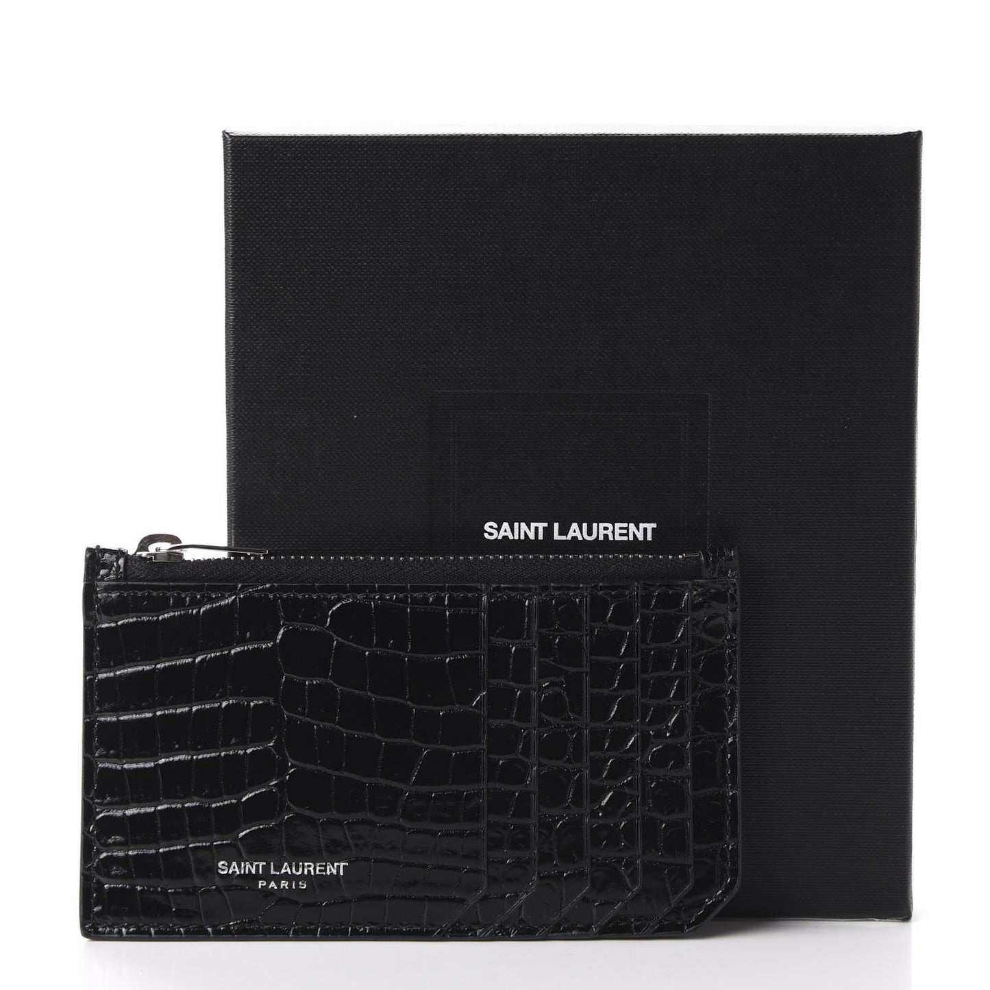 Calfskin Crocodile Embossed 5 Fragments Zip Card Case Black