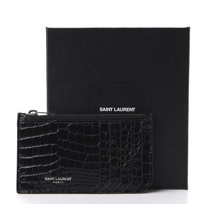 Saint Laurent Calfskin Crocodile Embossed 5 Fragments Zip Card Case Black 8 of 8
