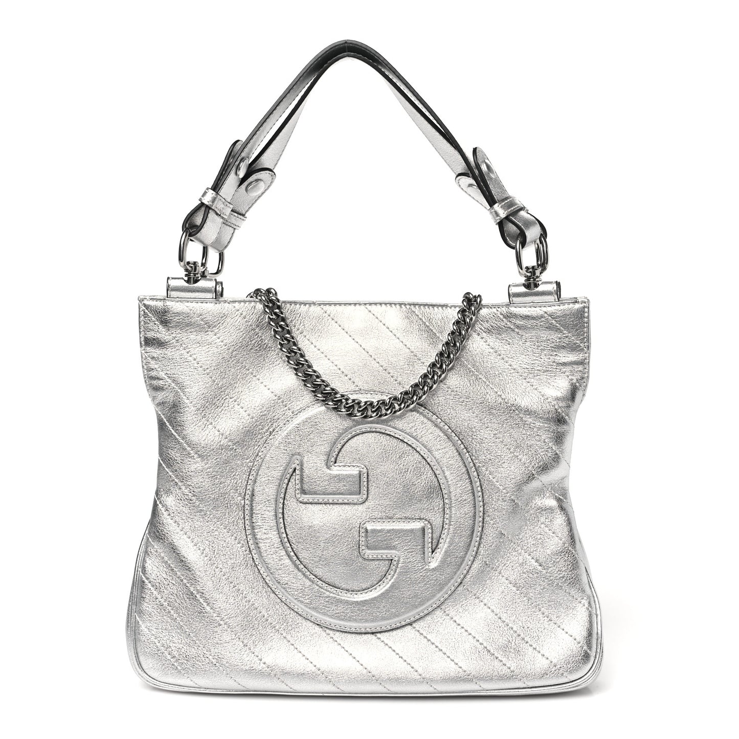 Sakai Be Green Calfskin Diagonal Stitched Small Blondie Tote Silver