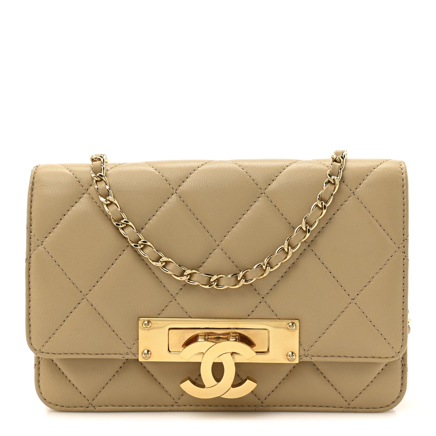 Lambskin Quilted Golden Class Wallet On Chain WOC Dark Beige