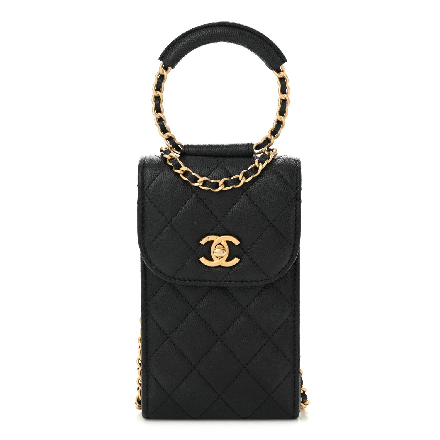 Chanel Caviar Quilted Chain Handle Round Phone Holder Black 1 of 11