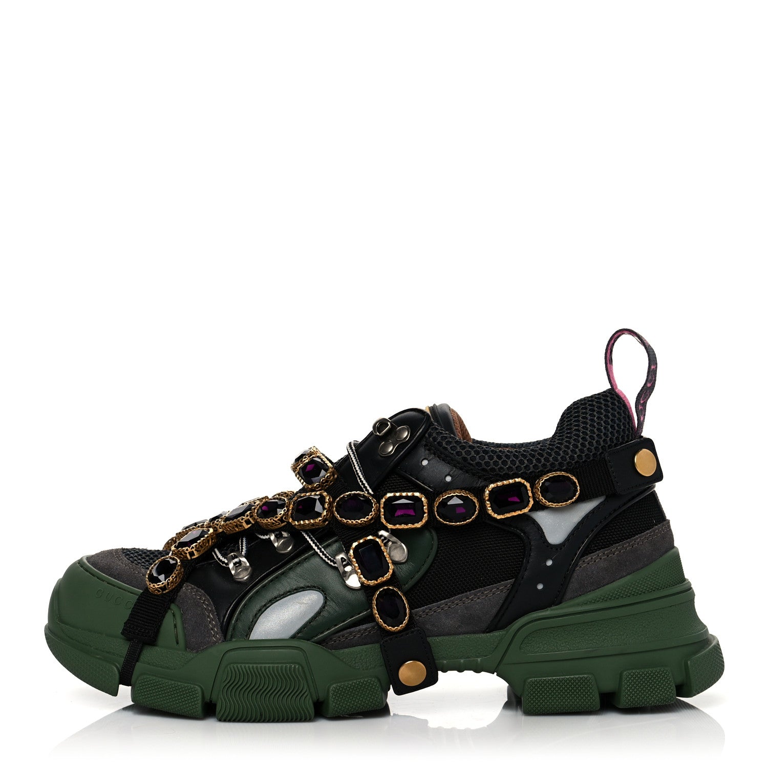 Gucci X SEGA Mesh Suede Calfskin Removable Crystals Mens Flashtrek Sneakers 8 Loess Black Olive Green 1 of 6