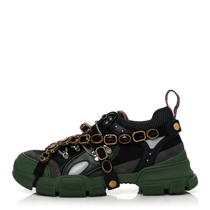 Gucci X SEGA Mesh Suede Calfskin Removable Crystals Mens Flashtrek Sneakers 8 Loess Black Olive Green 1 of 6