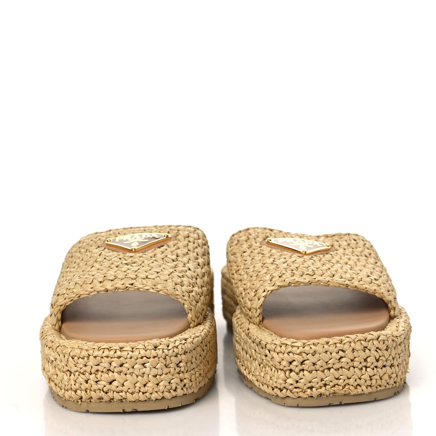 Prada Raffia Metal Triangle Logo Woven Flatform 35mm Slide Sandals 38 Naturale 2 of 8