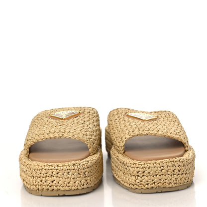 Prada Raffia Metal Triangle Logo Woven Flatform 35mm Slide Sandals 38 Naturale 2 of 8
