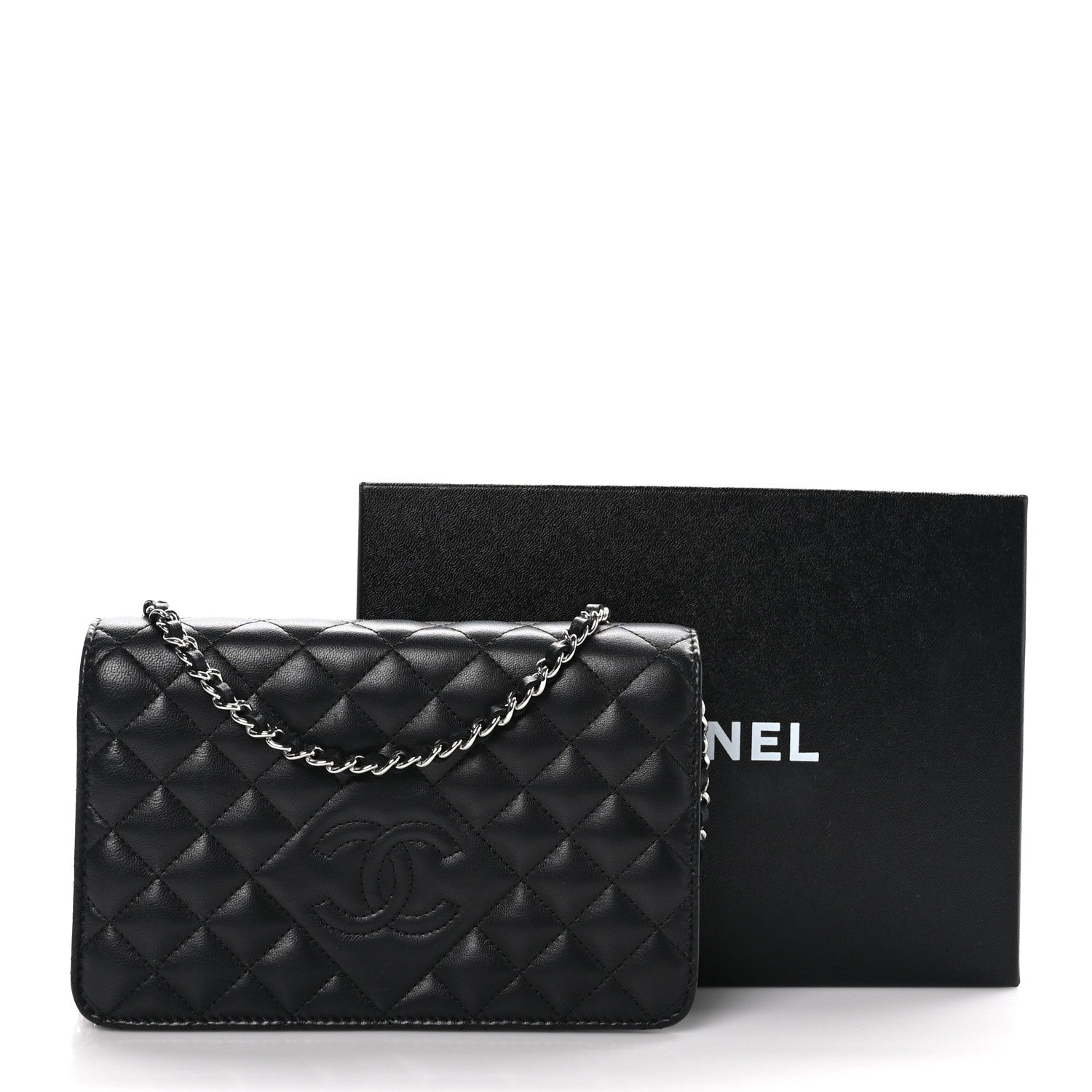 Chanel Lambskin Quilted Diamond CC Wallet On Chain WOC Black 12 of 12