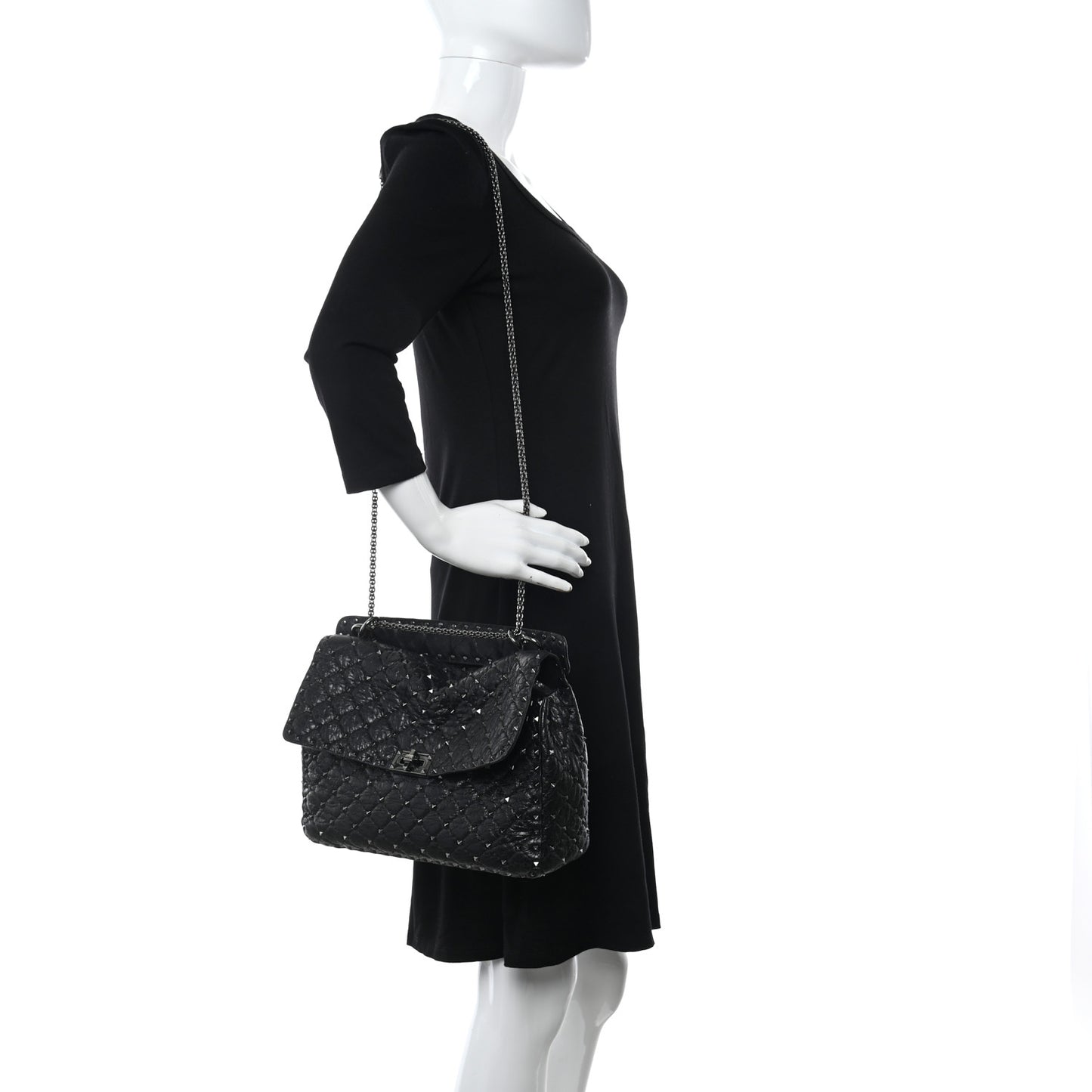 Craquele Nappa Large Rockstud Spike Shoulder Bag Black
