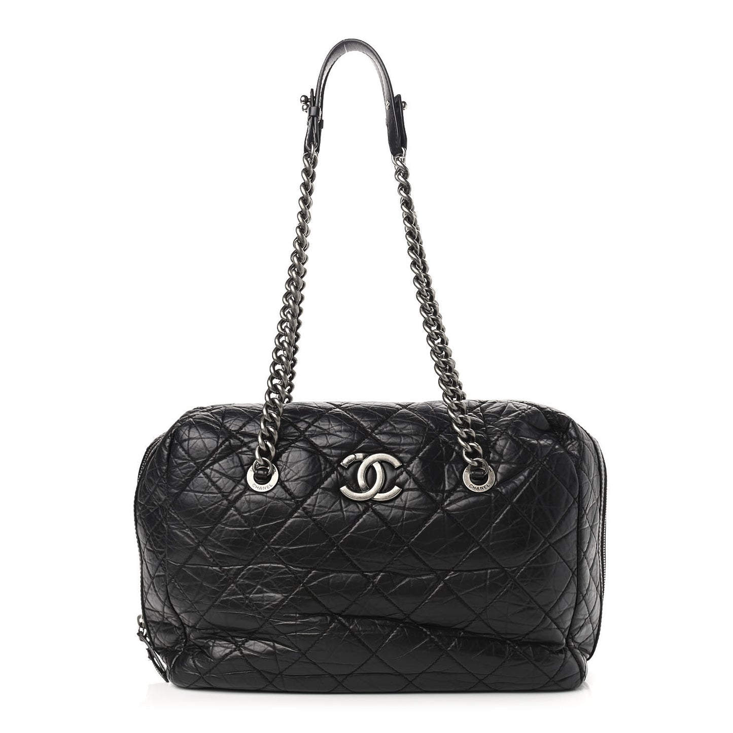 Aged Calfskin Quilted Large Secret Tag Bowling Bag Black
