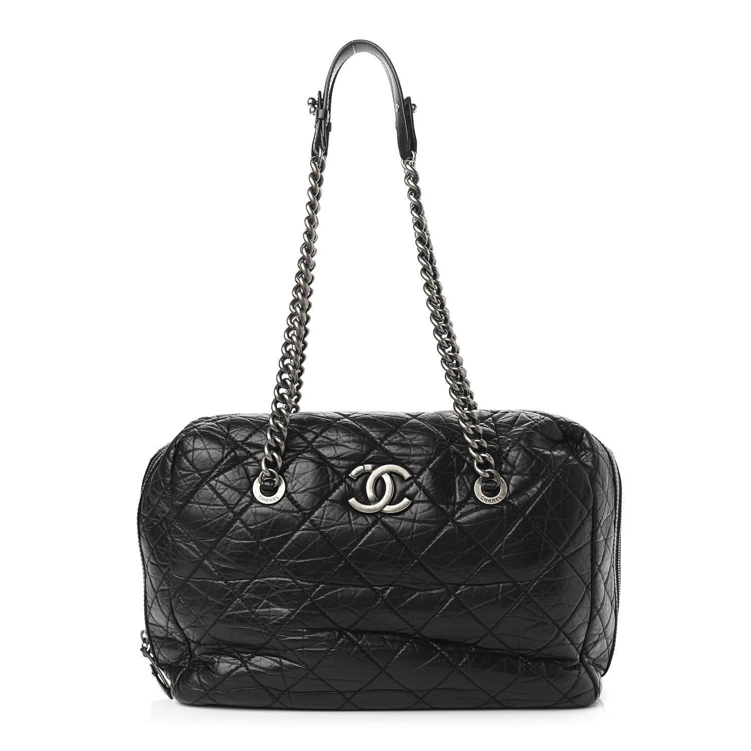 Chanel Aged Calfskin Quilted Large Secret Tag Bowling Bag Black 1 of 12