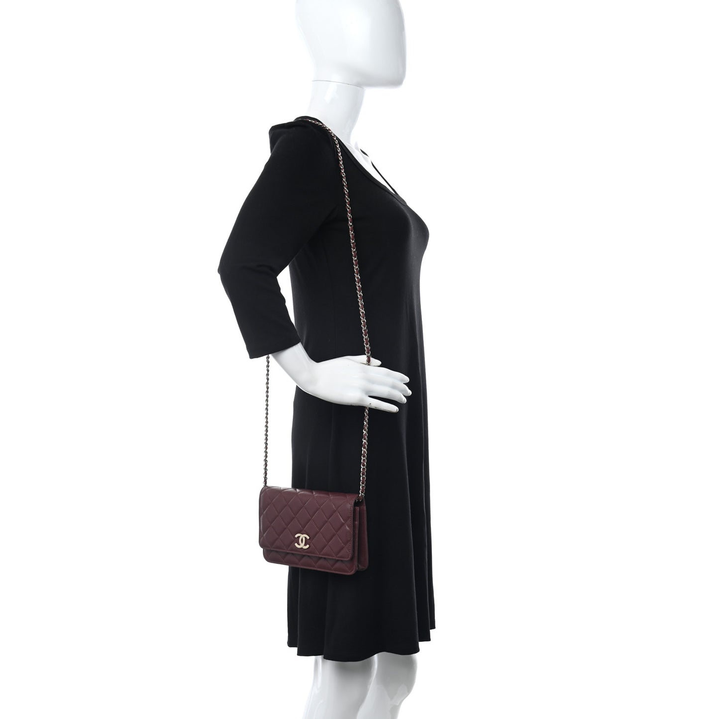 Caviar Quilted Studded CC Wallet On Chain WOC Burgundy