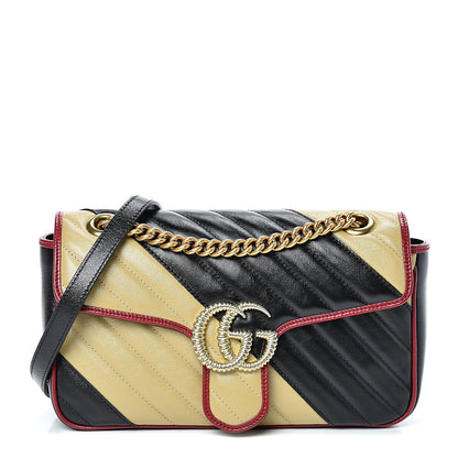 Gucci Vintage Effect Calfskin Matelasse Diagonal Striped Small Torchon GG Marmont Shoulder Bag Black Beige 1 of 9