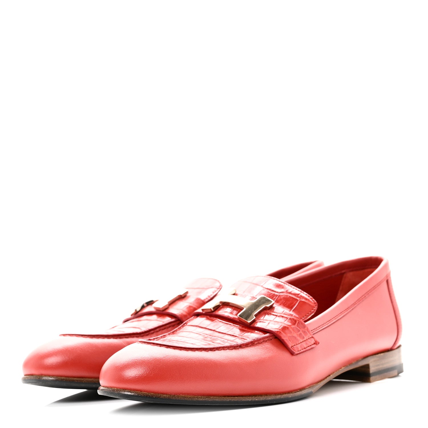 Hermes Calfskin Matte Crocodile Womens Paris Loafers 36 Orange