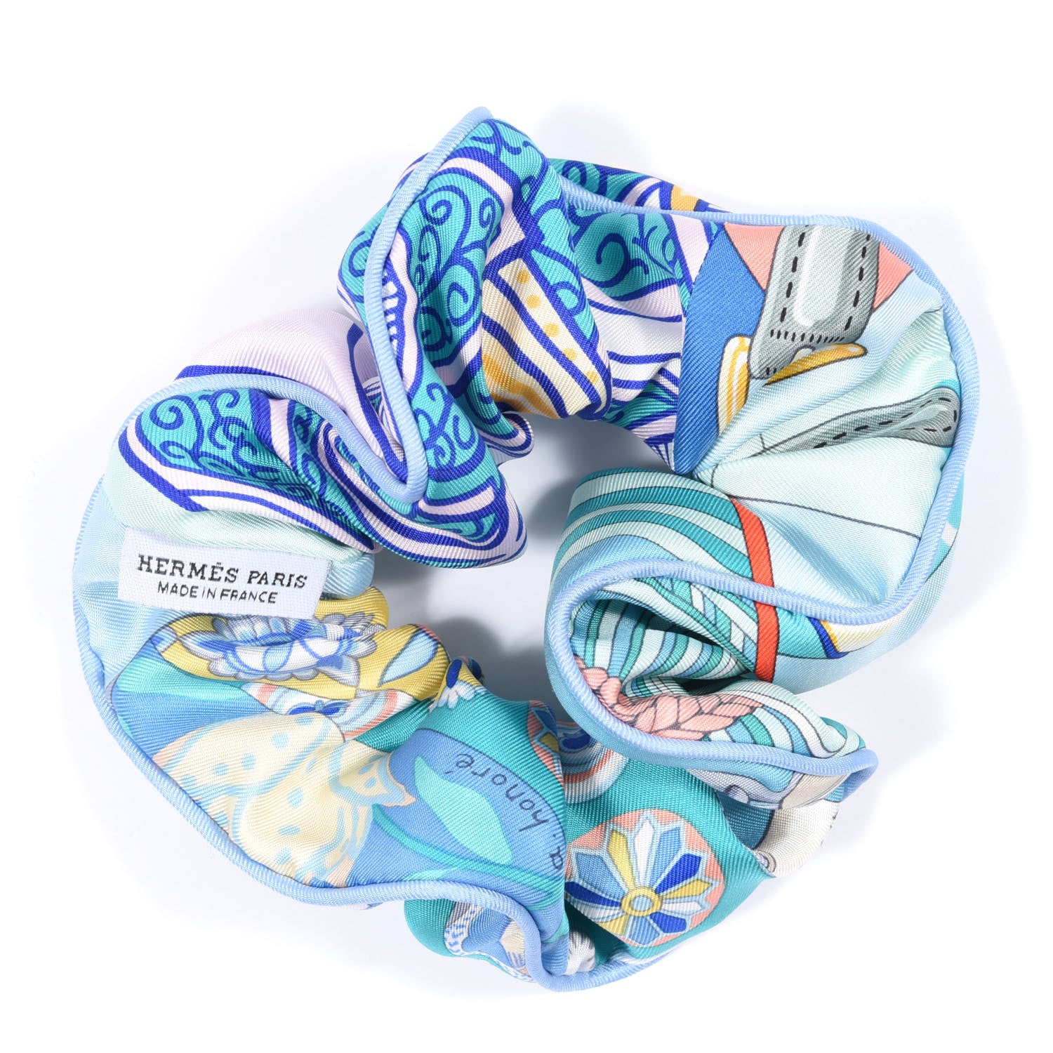 Hermes Silk Patchwork Claudia Scrunchie Pale Blue 3 of 4