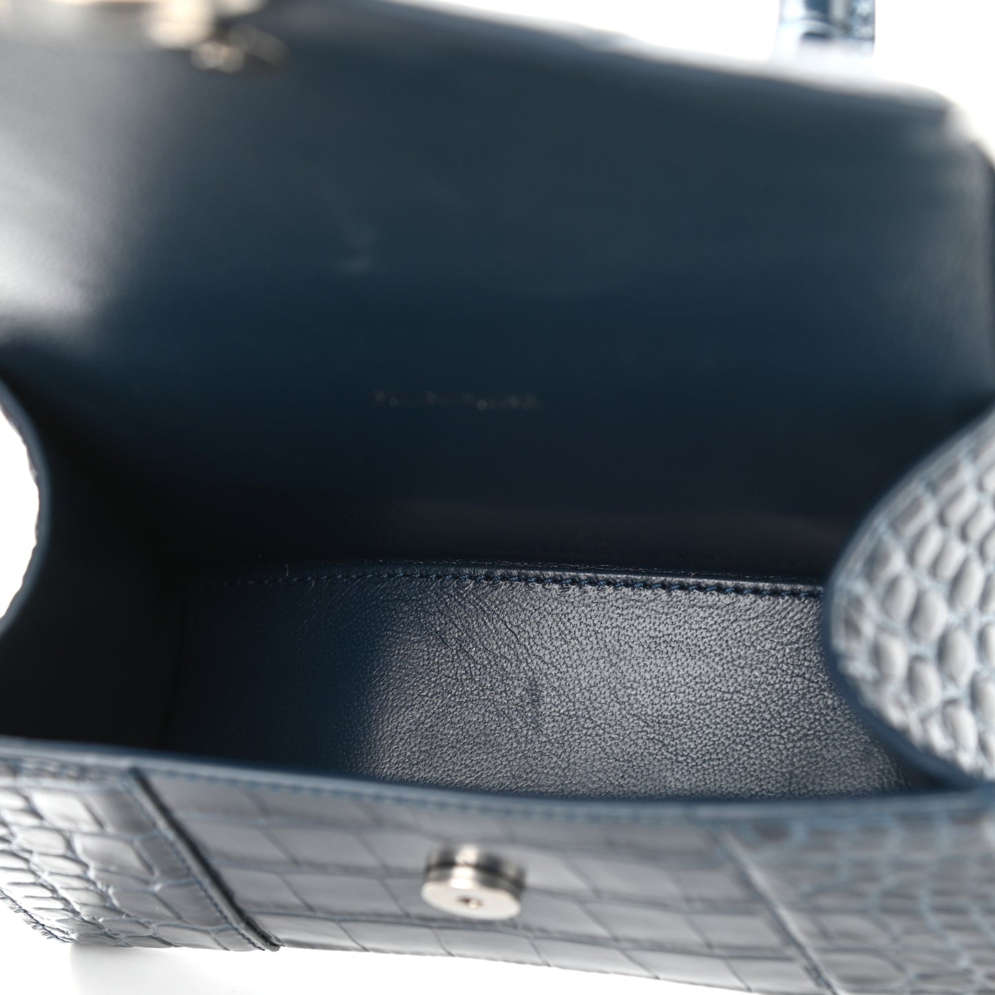 Shiny Calfskin Crocodile Embossed Hourglass Top Handle Bag XS Denim Blue