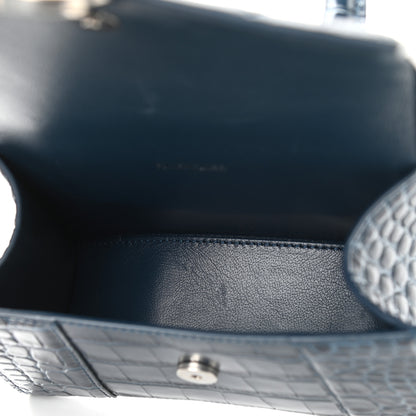Balenciaga Shiny Calfskin Crocodile Embossed Hourglass Top Handle Bag XS Denim Blue 6 of 12